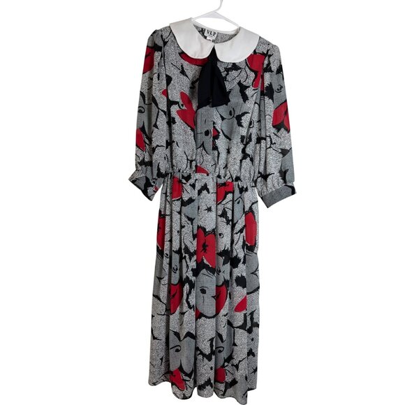 Vintage V.L.P. Plus Dress 16W Red & Black Abstract Peter Pan Collar Coquette - Picture 1 of 11